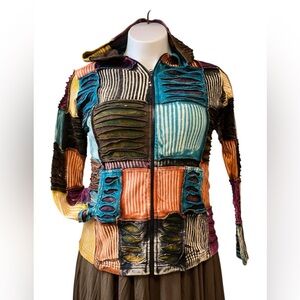 India Boutique Colorful Zip Front Patchwork Cut & Rake Jacket with Pockets NWT